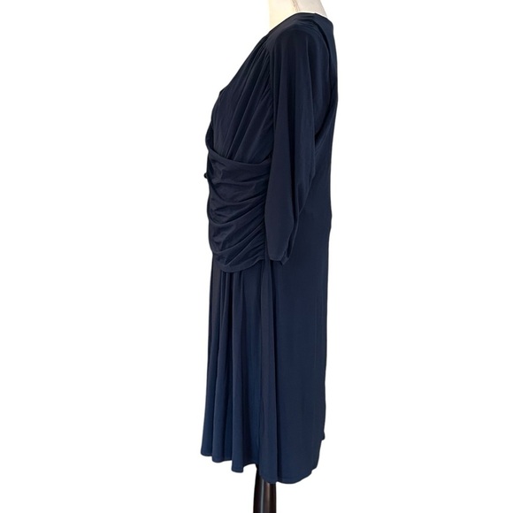 NY COLLECTION WOMAN RUCHED FIGURE FLATTERING V-NECK 3/4 SLEEVE DRESS SZ 1X NAVY - Picture 3 of 8